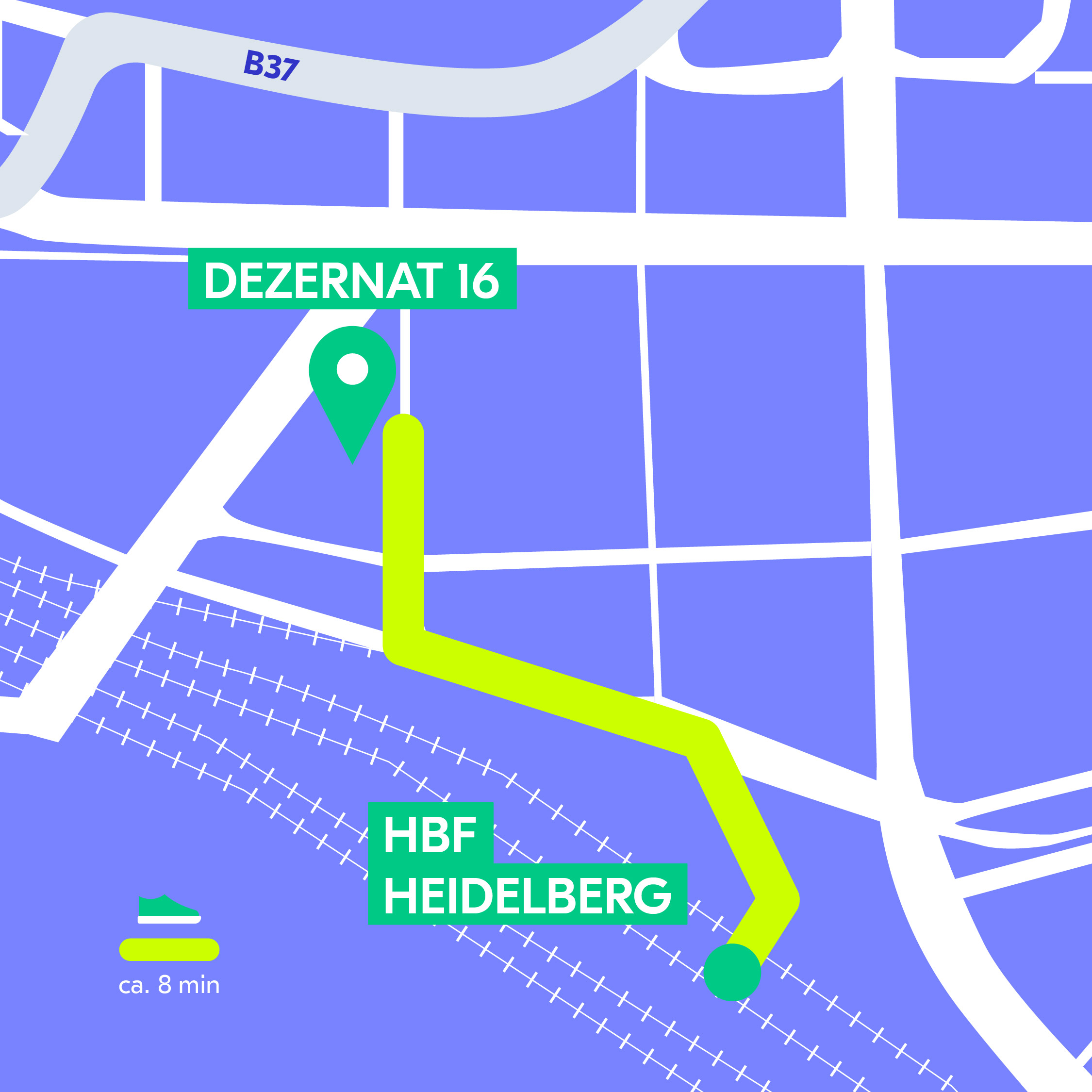 Fußweg vom HBF Heidelberg zum Dezernat 16